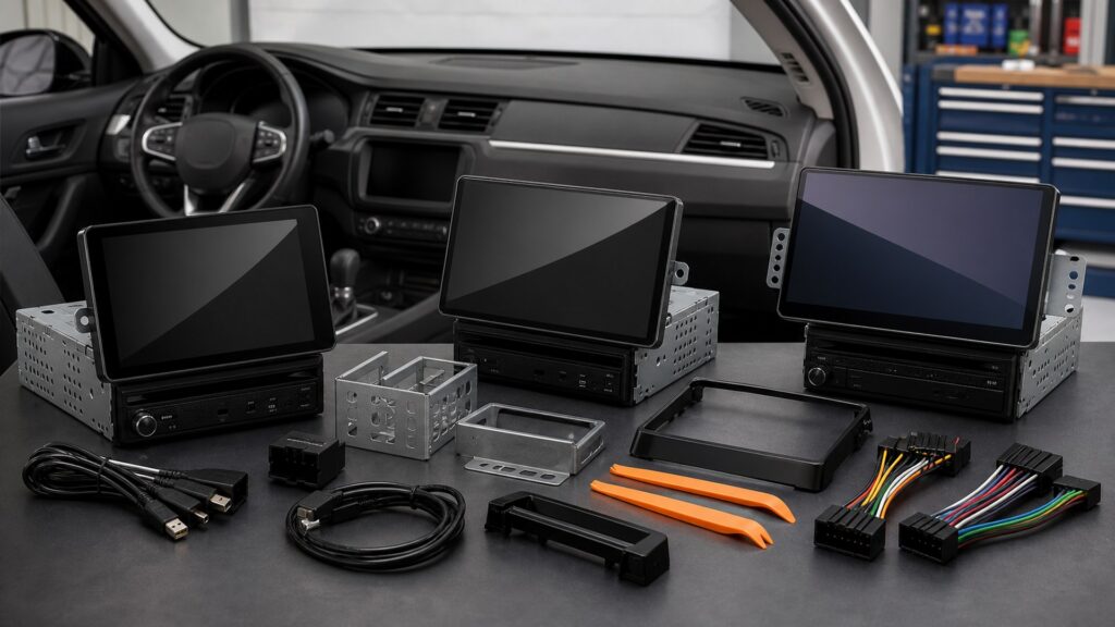 floating display head units shopping setup for fleet and commuter vehicles with practical vehicle-focused details