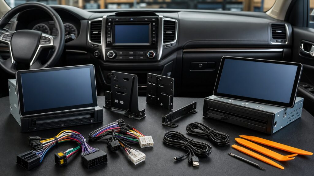 floating display head units shopping setup for road trip technology needs with practical vehicle-focused details