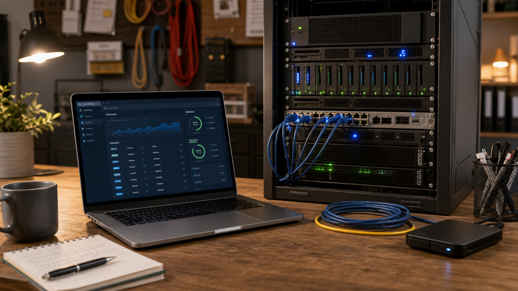 Ultra photorealistic small business dedicated server workbench hero image for GoDaddy Dedicated Server Hosting review