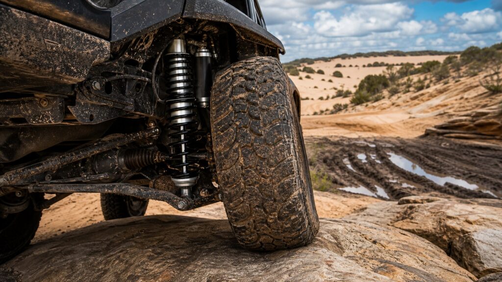 heavy duty shock absorbers shopping setup for rock, mud, and sand terrain with practical vehicle-focused details