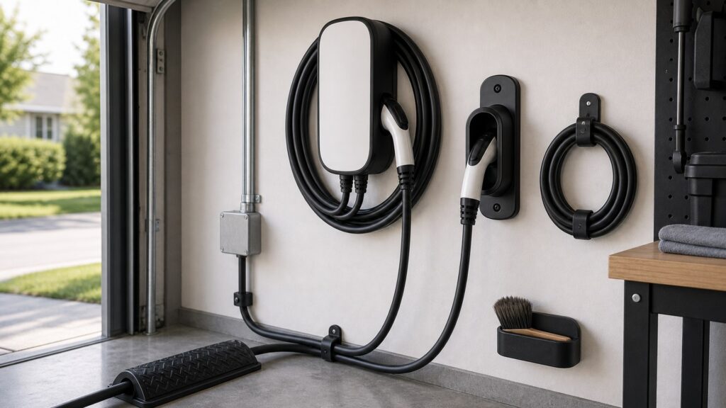 home ev chargers shopping setup for charging cable management with practical vehicle-focused details