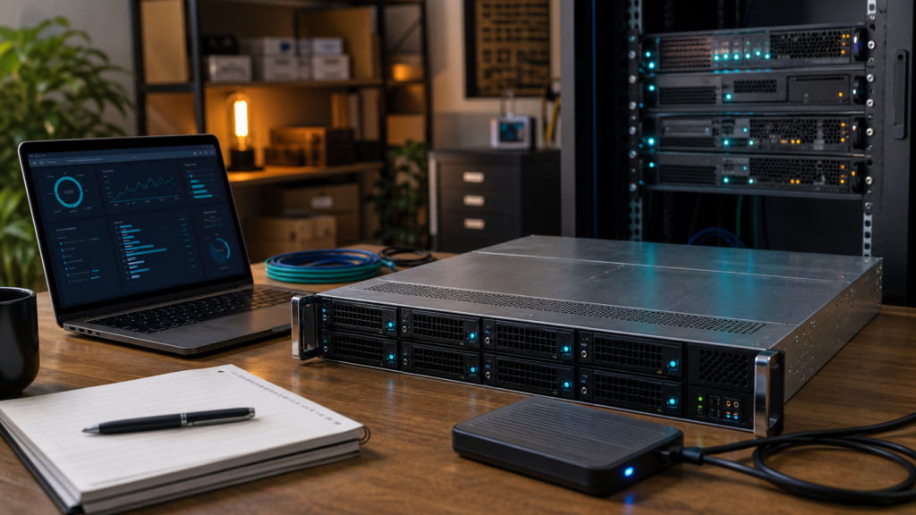 Ultra photorealistic small business server workbench hero image for HostGator Dedicated Server Hosting review