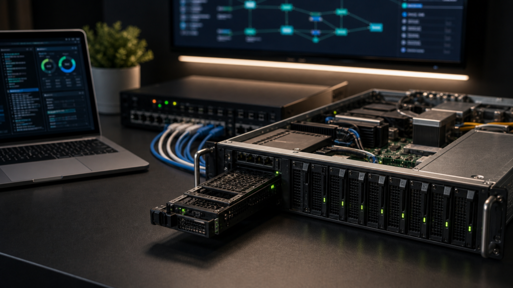 Ultra photorealistic close-up server hardware hero image for HostGator VPS review
