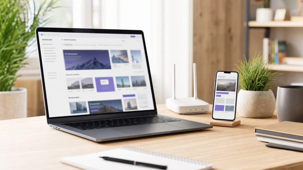 Ultra photorealistic freelancer website launch desk hero image for Hostinger shared hosting review