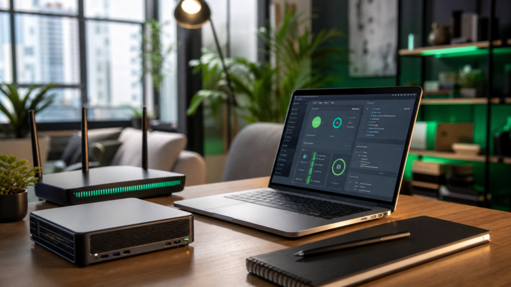 Ultra photorealistic developer workspace hero image for Hostinger VPS review