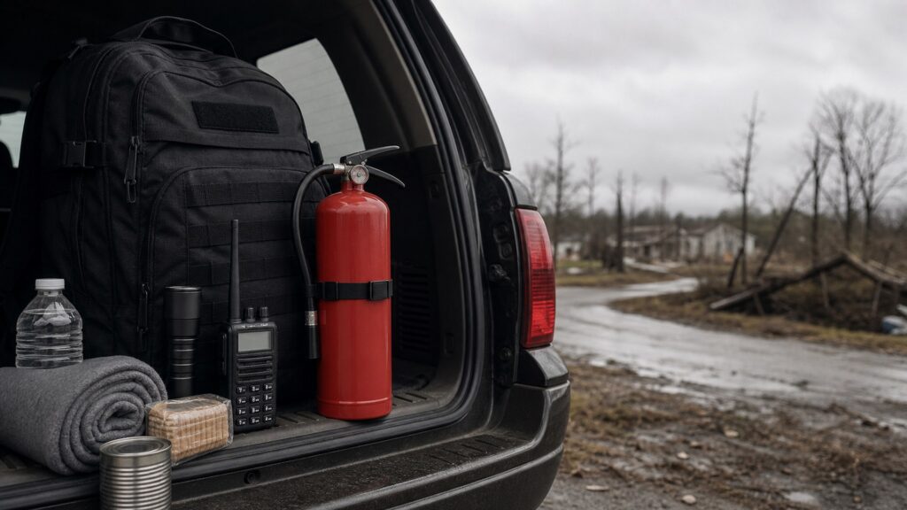 automotive fire extinguishers shopping setup for disaster and evacuation planning with practical vehicle-focused details