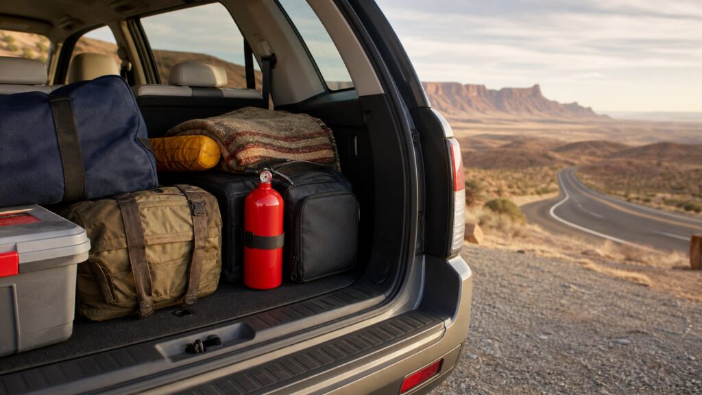 automotive fire extinguishers shopping setup for long-distance road trips with practical vehicle-focused details