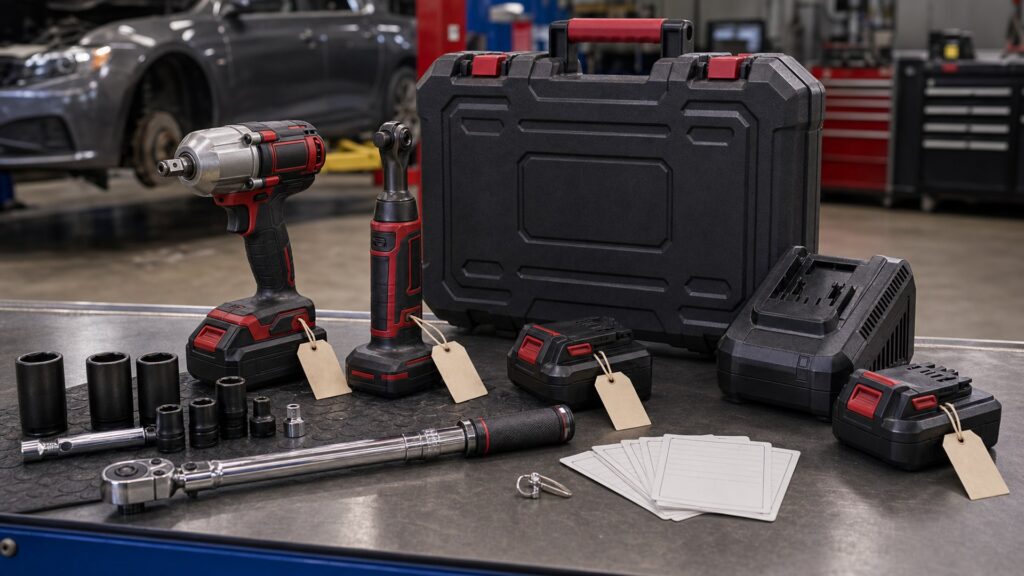 automotive power tools shopping setup for durability and warranty checks with practical vehicle-focused details