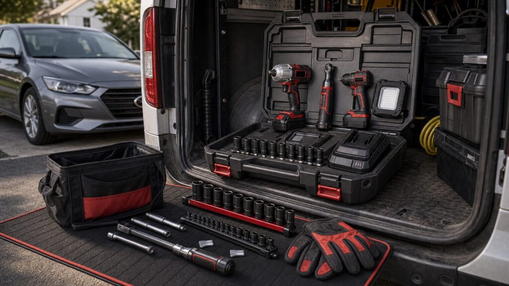 automotive power tools shopping setup for mobile mechanic kits with practical vehicle-focused details