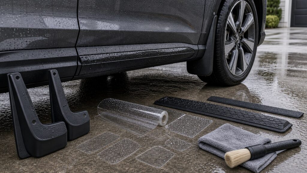 body protection shopping setup for weather and road protection with practical vehicle-focused details