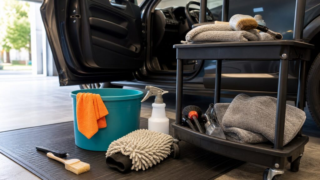 bucket wash systems shopping setup for interior restoration projects with practical vehicle-focused details