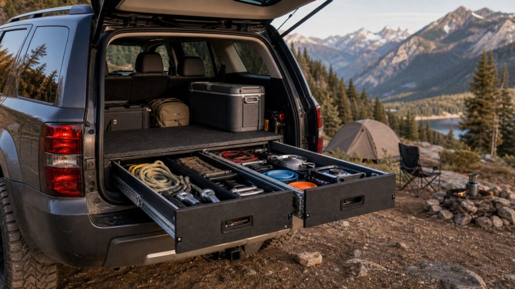 camping drawer systems shopping setup for remote camping gear lists with practical vehicle-focused details