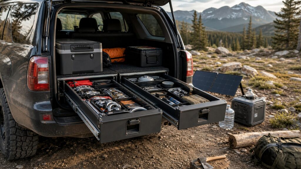 camping drawer systems shopping setup for self-reliant travel prep with practical vehicle-focused details