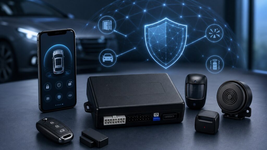 car alarm systems shopping setup for screen, sensor, and app integration with practical vehicle-focused details