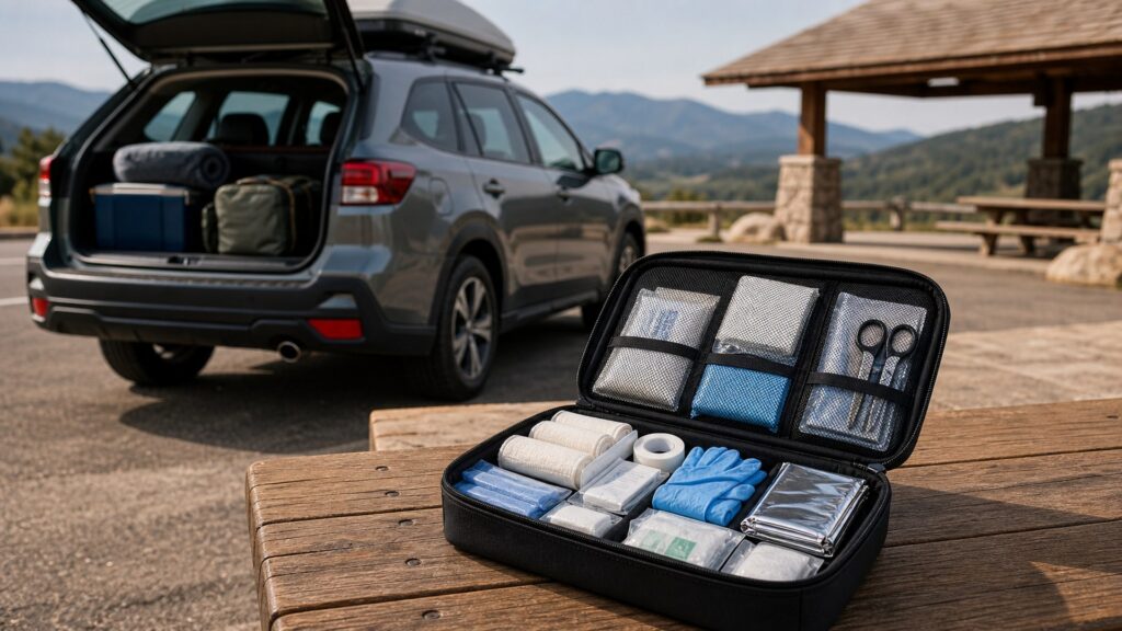 car first aid kits shopping setup for long-distance road trips with practical vehicle-focused details