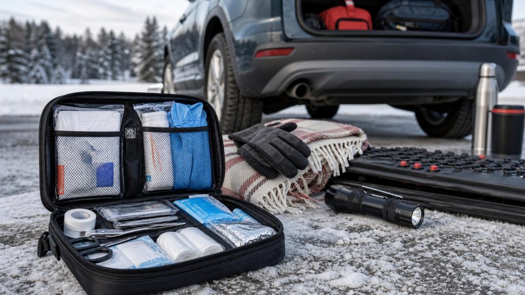 car first aid kits shopping setup for winter travel kits with practical vehicle-focused details