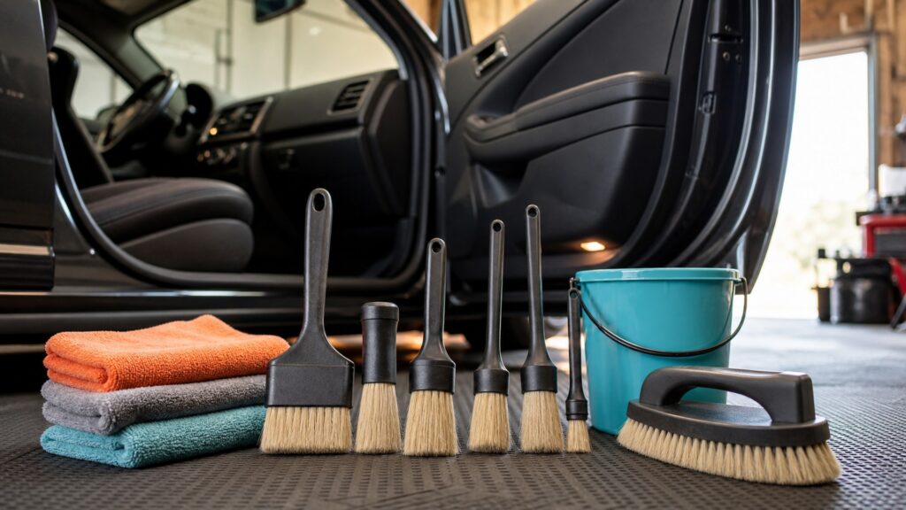car wash brushes shopping setup for interior restoration projects with practical vehicle-focused details