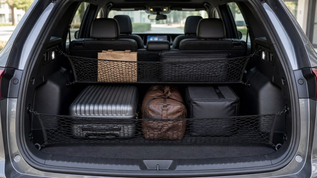 cargo storage nets shopping setup for ride-share and commuter cars with practical vehicle-focused details