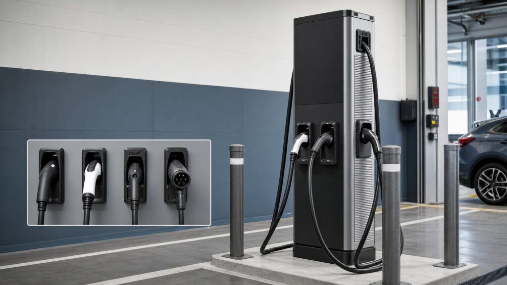 commercial ev charging stations shopping setup for adapter and connector compatibility with practical vehicle-focused details