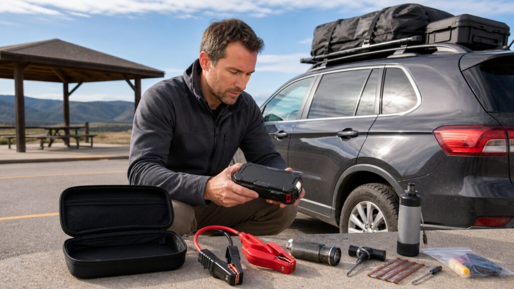 compact jump starters shopping setup for long-distance road trips with practical vehicle-focused details