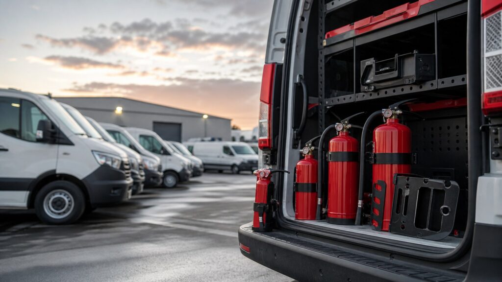compact vehicle fire extinguishers shopping setup for commercial vehicle readiness with practical vehicle-focused details