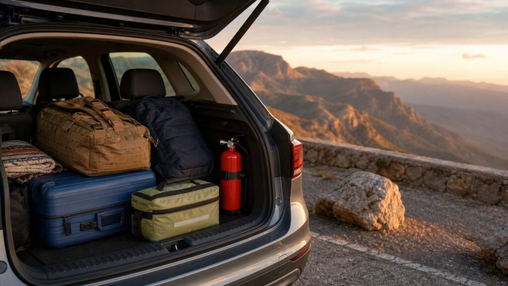 compact vehicle fire extinguishers shopping setup for long-distance road trips with practical vehicle-focused details
