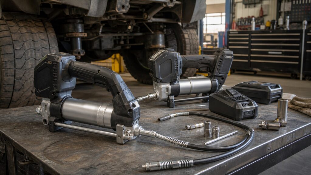 cordless grease guns shopping setup for professional shop use with practical vehicle-focused details