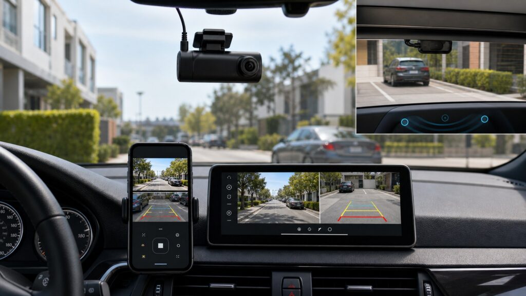 dual-channel dash cameras shopping setup for screen, sensor, and app integration with practical vehicle-focused details