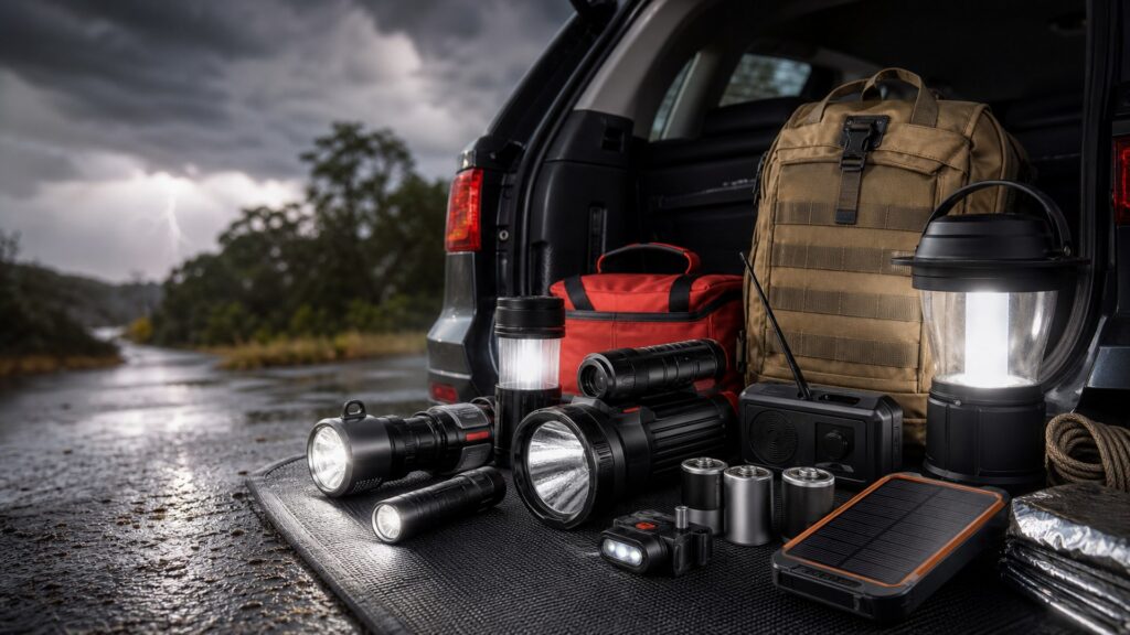 emergency flashlights shopping setup for disaster and evacuation planning with practical vehicle-focused details