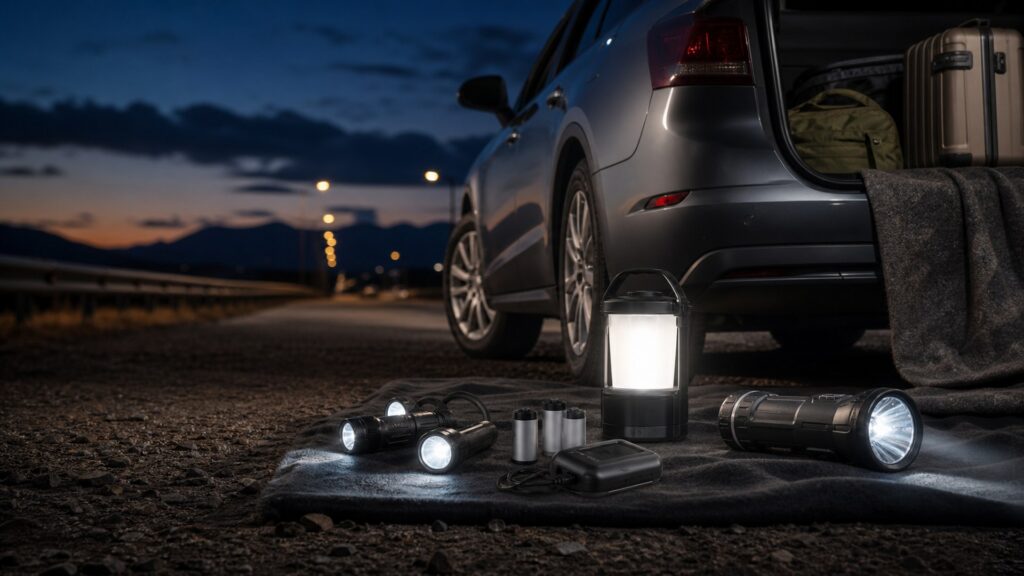 emergency flashlights shopping setup for long-distance road trips with practical vehicle-focused details