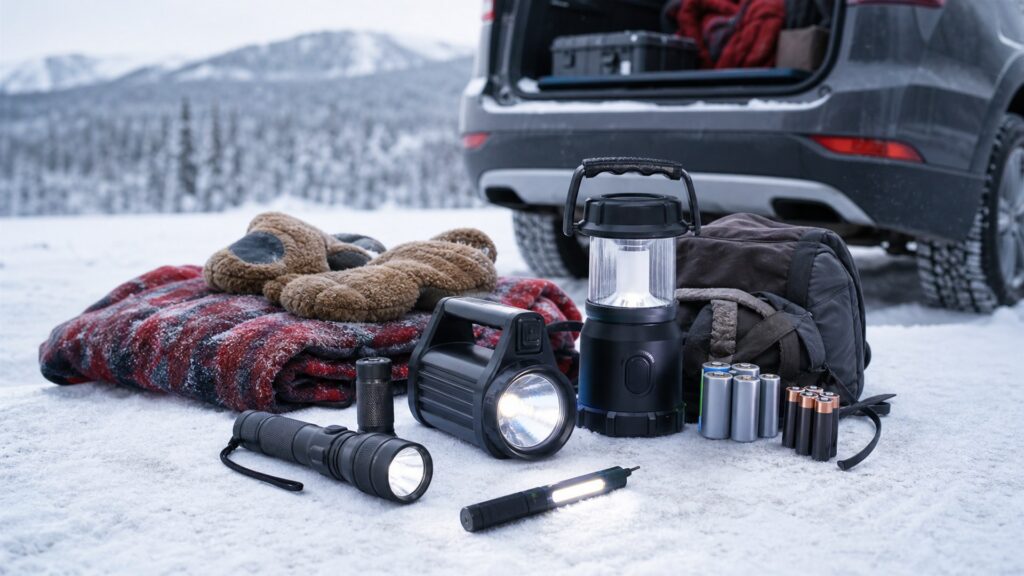 emergency flashlights shopping setup for winter travel kits with practical vehicle-focused details