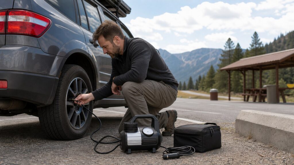 emergency tire inflators shopping setup for long-distance road trips with practical vehicle-focused details