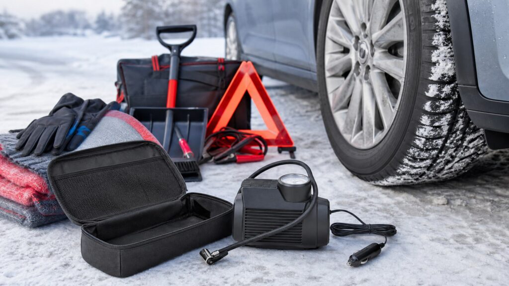 emergency tire inflators shopping setup for winter travel kits with practical vehicle-focused details