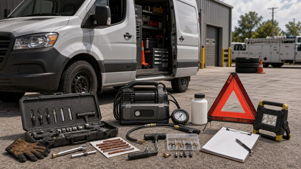 emergency tire repair shopping setup for commercial vehicle readiness with practical vehicle-focused details