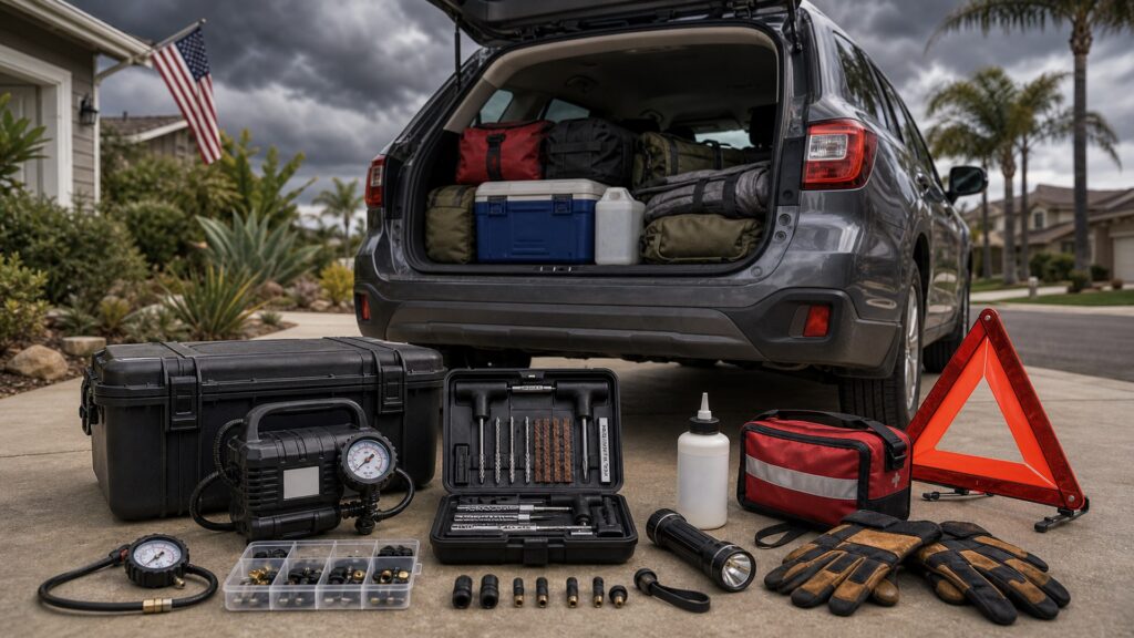 emergency tire repair shopping setup for disaster and evacuation planning with practical vehicle-focused details