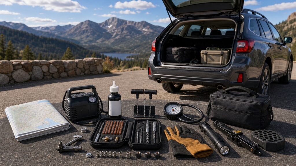 emergency tire repair shopping setup for long-distance road trips with practical vehicle-focused details