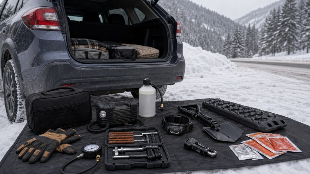 emergency tire repair shopping setup for winter travel kits with practical vehicle-focused details