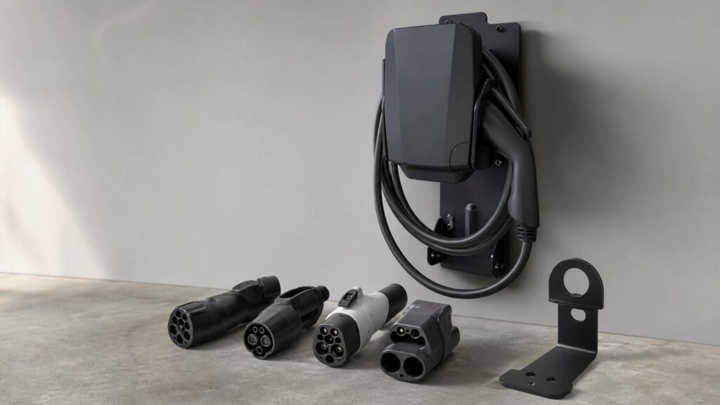 ev charger mounts shopping setup for adapter and connector compatibility with practical vehicle-focused details