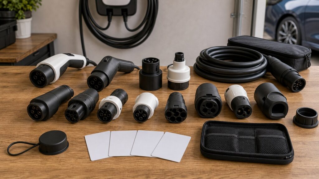 ev charging accessories shopping setup for adapter and connector compatibility with practical vehicle-focused details