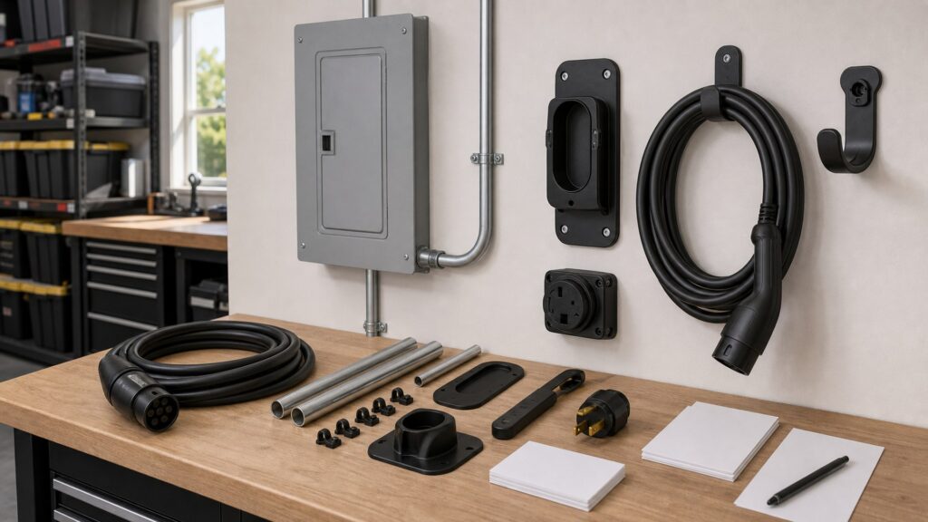ev charging accessories shopping setup for garage electrical planning with practical vehicle-focused details