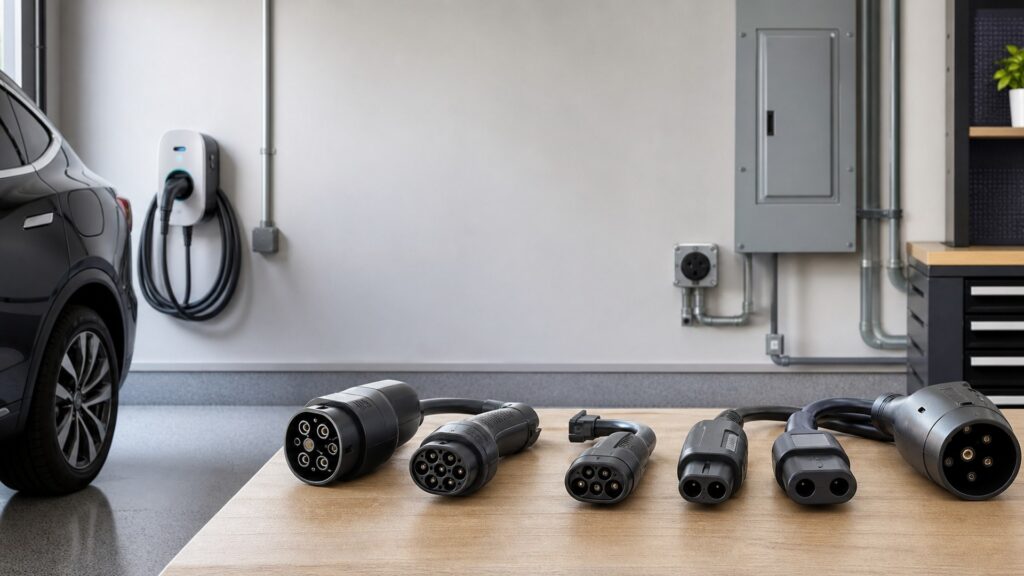 ev charging adapters shopping setup for garage electrical planning with practical vehicle-focused details