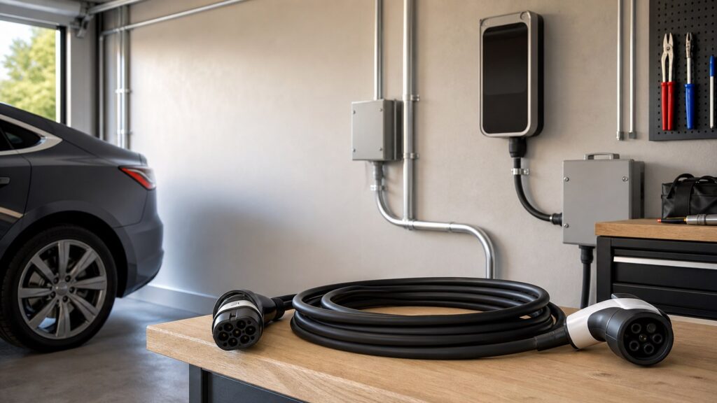 ev charging cables shopping setup for garage electrical planning with practical vehicle-focused details