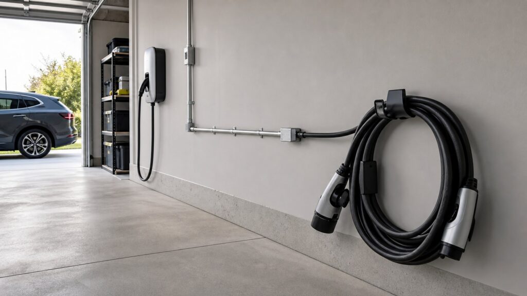 ev charging extension cables shopping setup for garage electrical planning with practical vehicle-focused details