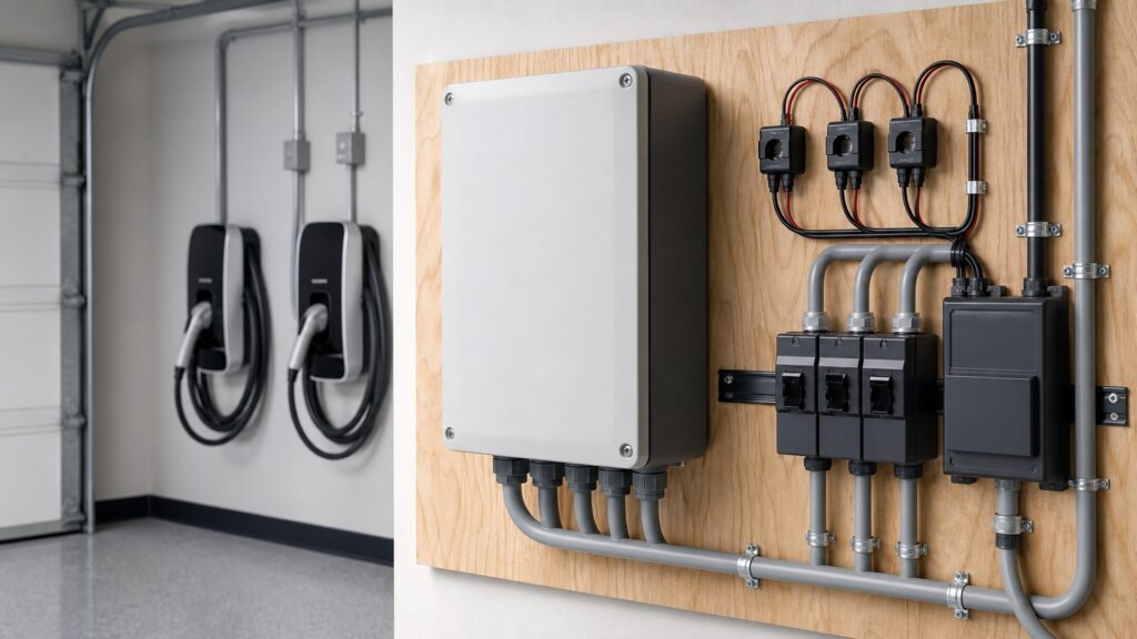 ev load balancing devices shopping setup for garage electrical planning with practical vehicle-focused details