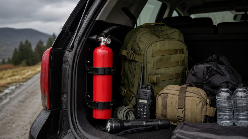 fire extinguisher mounts shopping setup for disaster and evacuation planning with practical vehicle-focused details
