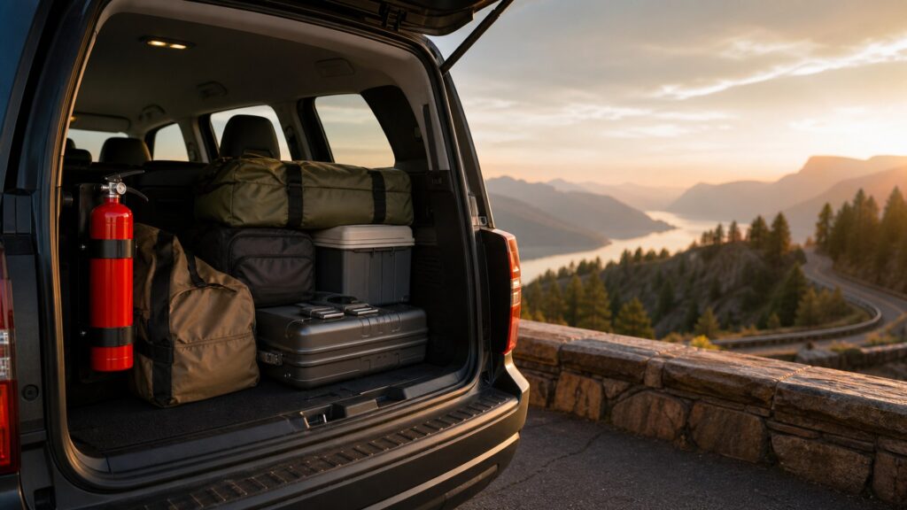 fire extinguisher mounts shopping setup for long-distance road trips with practical vehicle-focused details