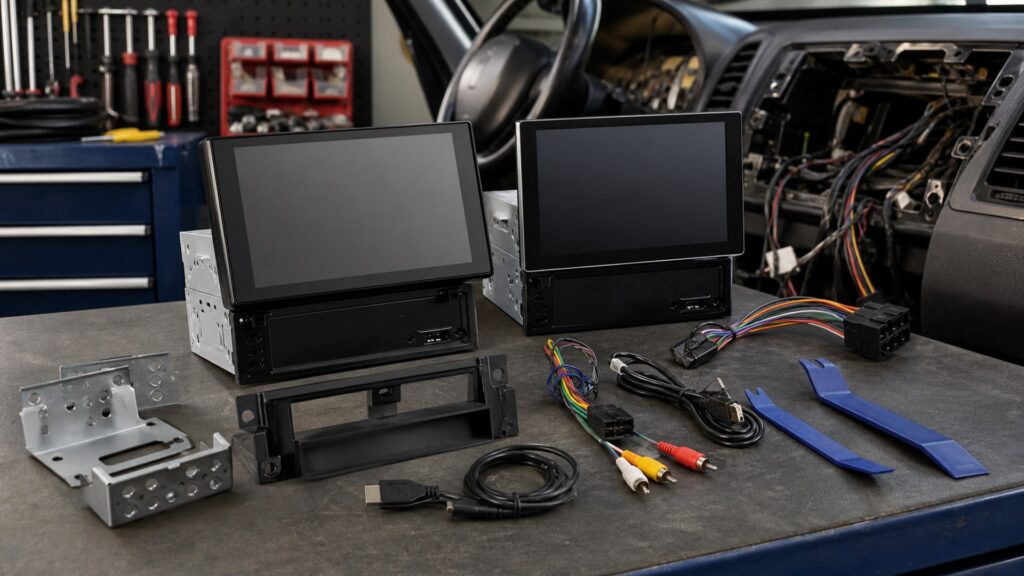 floating display head units shopping setup for installation and wiring requirements with practical vehicle-focused details