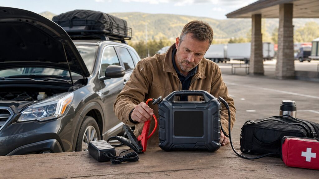 heavy duty jump starters shopping setup for long-distance road trips with practical vehicle-focused details