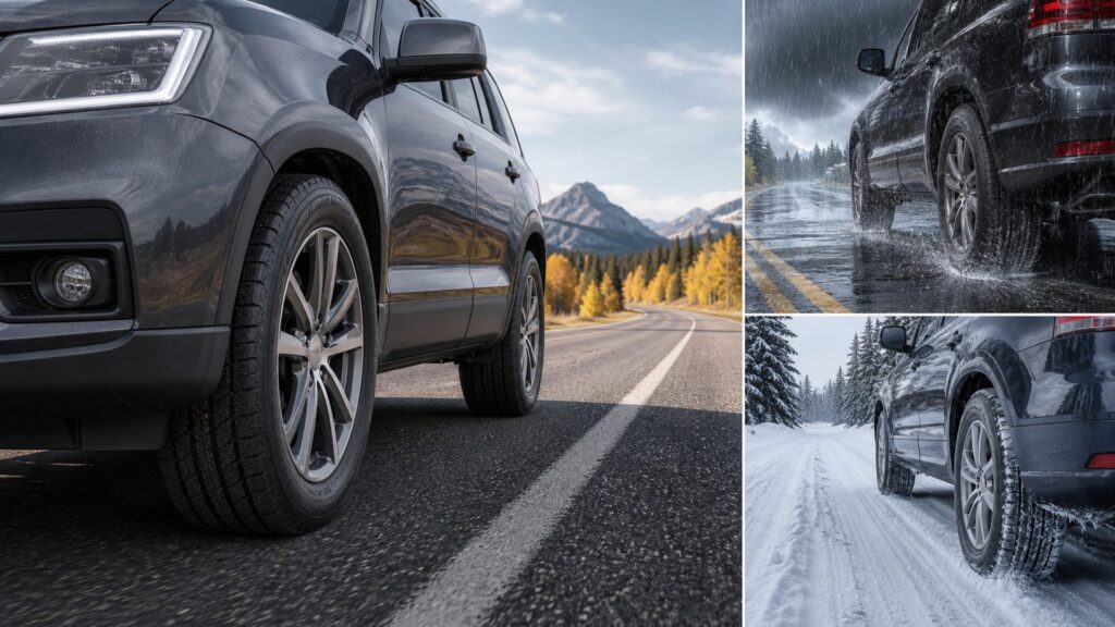 highway terrain tires shopping setup for seasonal driving conditions with practical vehicle-focused details