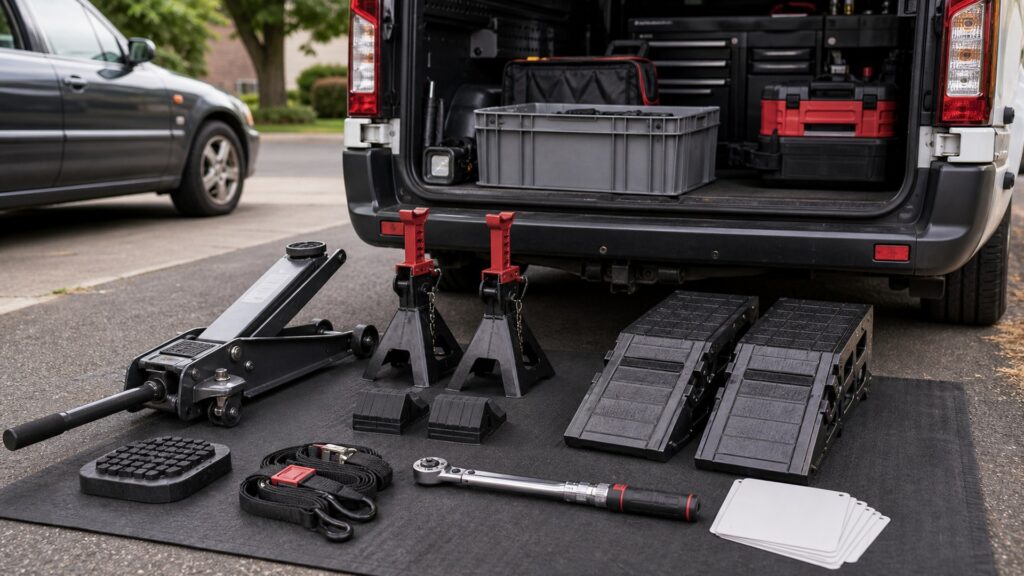 jack stands & ramps shopping setup for mobile mechanic kits with practical vehicle-focused details